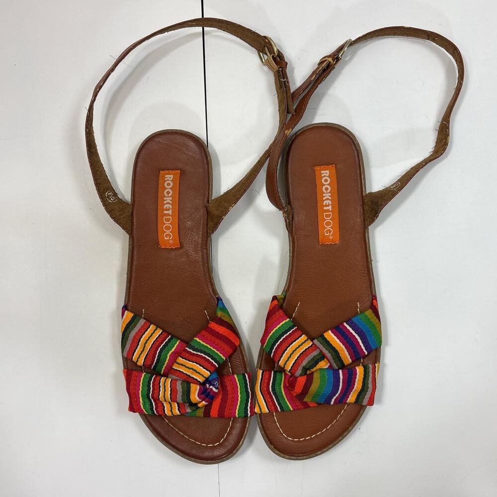 Rocket Dog Women’s Flat Multi-Color Striped Knotted Ankle Strap Sandles Size 9